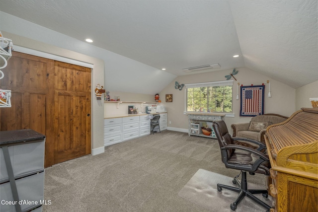 16749 W Cade Rd, Hauser, ID 83854 - home office with vaulted ceiling, light carpet, a textured ceiling, and recessed lighting