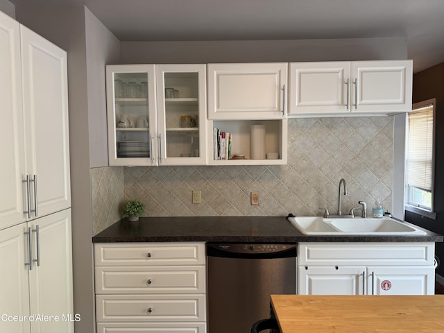 912 N 5th St, Coeur Dalene, ID 83814 - kitchen featuring dishwasher, glass insert cabinets, backsplash, and white cabinetry