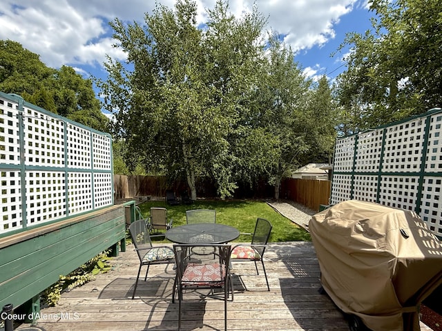 912 N 5th St, Coeur Dalene, ID 83814 - wooden terrace with a fenced backyard, outdoor dining area, and grilling area
