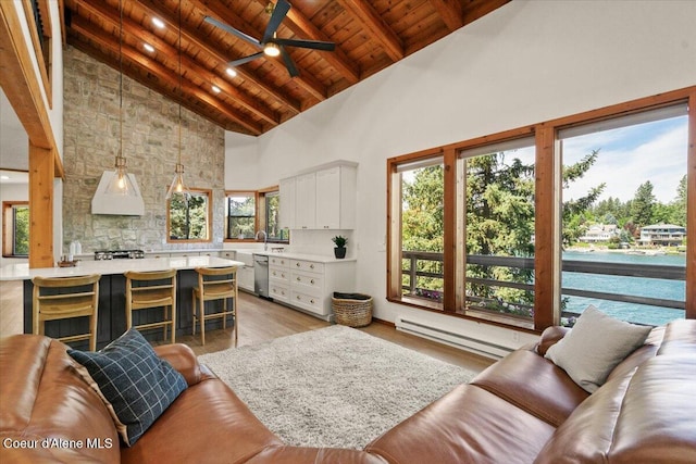 400 S Ohana Beach Dr, Coeur Dalene, ID 83814 - living room with a baseboard radiator, a wood ceiling with exposed beams, high vaulted ceiling, ceiling fan, and light wood finished floors