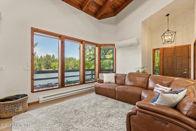 400 S Ohana Beach Dr, Coeur Dalene, ID 83814 - living room with a wooden ceiling with exposed beams, a baseboard heating unit, a wall mounted AC, high vaulted ceiling, and a chandelier
