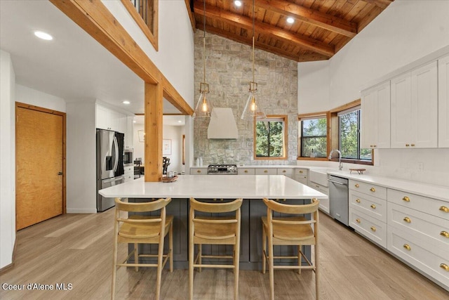 400 S Ohana Beach Dr, Coeur Dalene, ID 83814 - kitchen with stainless steel appliances, a wooden ceiling with exposed beams, high vaulted ceiling, light wood-style flooring, and light countertops