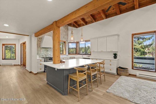 400 S Ohana Beach Dr, Coeur Dalene, ID 83814 - kitchen featuring stainless steel range with gas stovetop, custom exhaust hood, white cabinetry, a baseboard heating unit, and recessed lighting