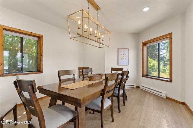 400 S Ohana Beach Dr, Coeur Dalene, ID 83814 - dining space featuring a baseboard heating unit, light wood-type flooring, recessed lighting, and a chandelier
