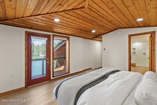 400 S Ohana Beach Dr, Coeur Dalene, ID 83814 - bedroom featuring wooden ceiling, access to outside, light wood finished floors, recessed lighting, and ensuite bathroom