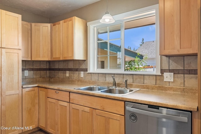 59 W Lincoln Ave, Priest River, ID 83856 - kitchen featuring dishwasher, light brown cabinetry, decorative backsplash, and decorative light fixtures