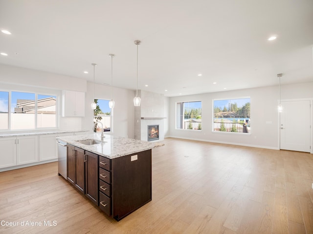 1037 E Railroad Ave, Post Falls, ID 83854 - kitchen with dishwasher, healthy amount of natural light, a fireplace, dark brown cabinets, and recessed lighting