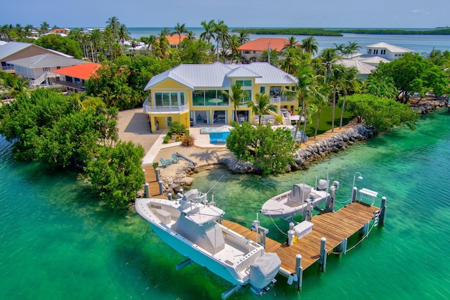 aerial view featuring a water view