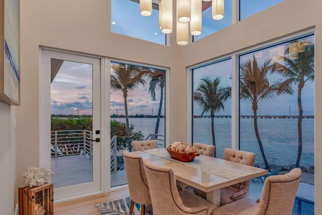 dining area with a water view, a wealth of natural light, and light hardwood / wood-style flooring