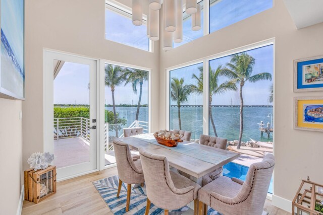 sunroom featuring a water view