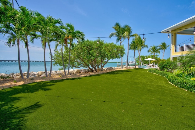 view of property's community featuring a lawn and a water view