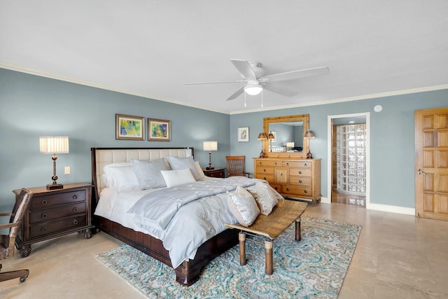 bedroom featuring ornamental molding, baseboards, and a ceiling fan