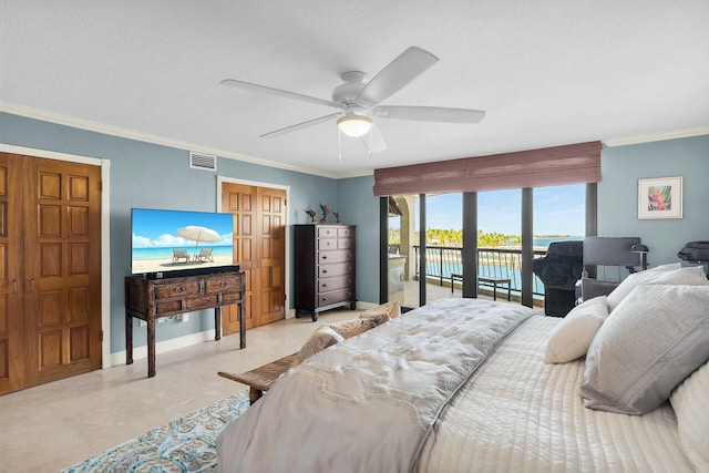 bedroom with crown molding, access to exterior, ceiling fan, and visible vents