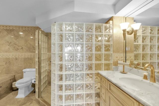 bathroom featuring vanity, tile walls, a tile shower, and toilet