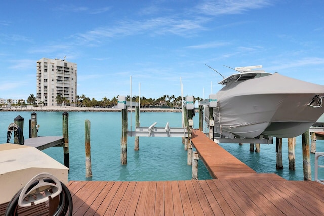 dock area featuring boat lift and a water view