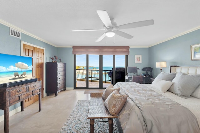 bedroom with visible vents, access to exterior, crown molding, and a ceiling fan