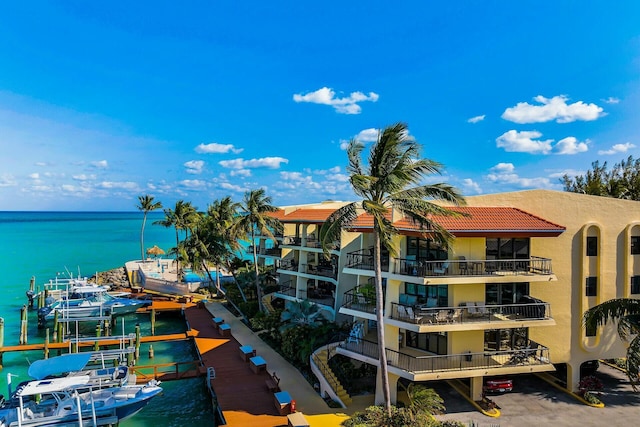 view of building exterior featuring a water view