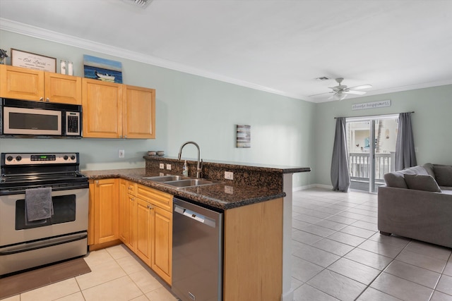 kitchen with appliances with stainless steel finishes, kitchen peninsula, sink, and dark stone countertops