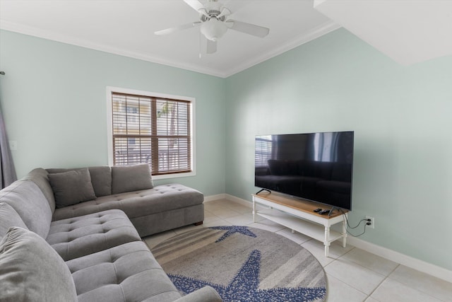 living room featuring crown molding, ceiling fan, and light tile patterned floors