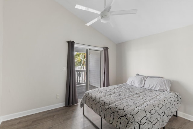 bedroom featuring lofted ceiling, dark hardwood / wood-style floors, access to exterior, and ceiling fan