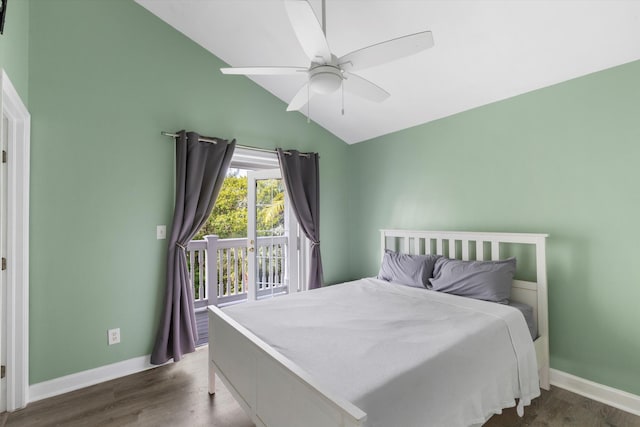 bedroom with ceiling fan, dark hardwood / wood-style flooring, vaulted ceiling, and access to outside