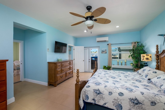 bedroom with access to exterior, a wall unit AC, light tile patterned floors, baseboards, and recessed lighting