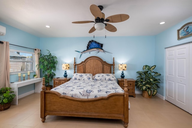 bedroom with recessed lighting, an AC wall unit, baseboards, light tile patterned flooring, and a ceiling fan