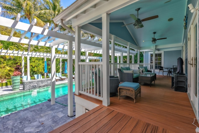 deck with ceiling fan, a patio, an outdoor pool, an outdoor living space, and a pergola