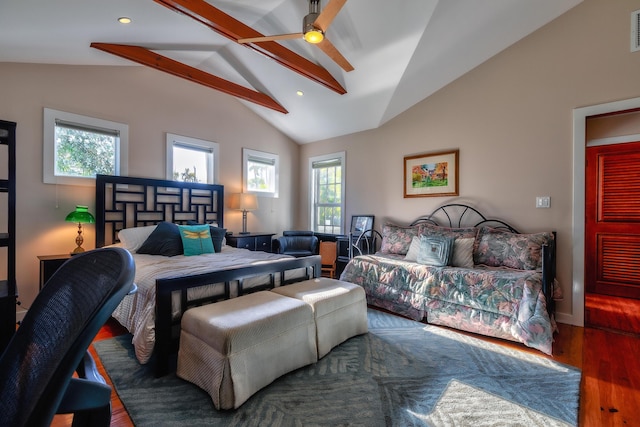 bedroom featuring recessed lighting, visible vents, lofted ceiling with beams, and wood finished floors