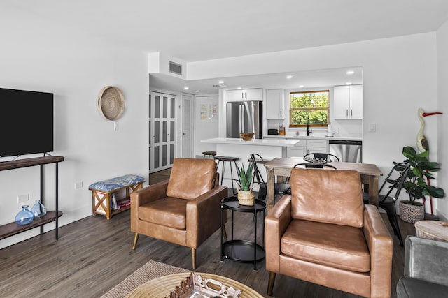 living room featuring dark wood-type flooring and sink