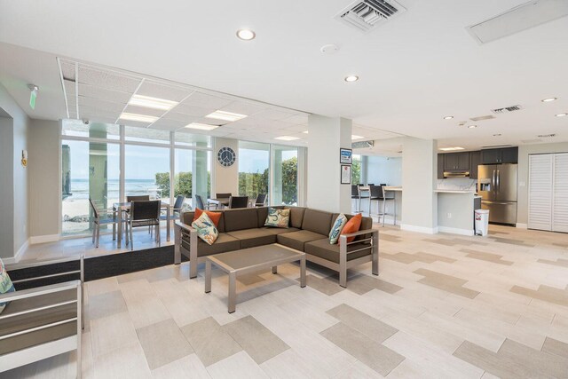 building lobby with a water view