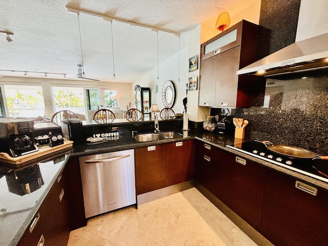 kitchen with a sink, stainless steel dishwasher, a textured ceiling, wall chimney range hood, and decorative backsplash