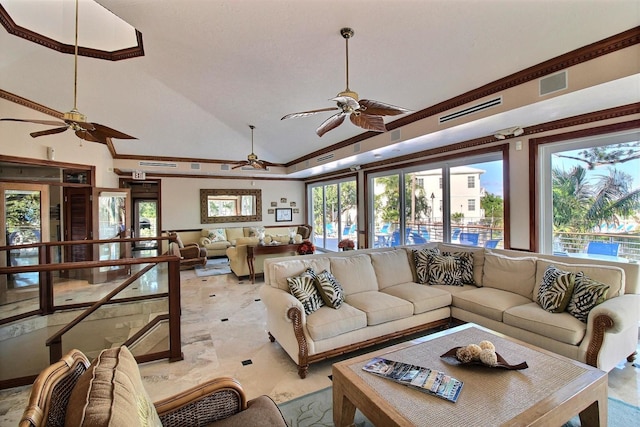 living room with lofted ceiling, ceiling fan, and ornamental molding