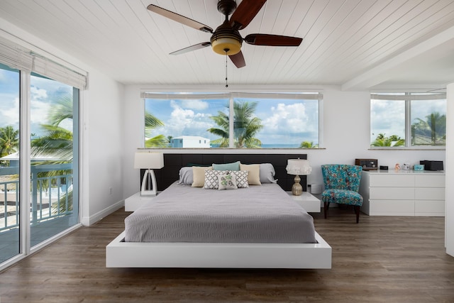 107 Hilson Ct, Tavernier, FL 33070 - bedroom featuring wooden ceiling, access to outside, multiple windows, wood finished floors, and ceiling fan