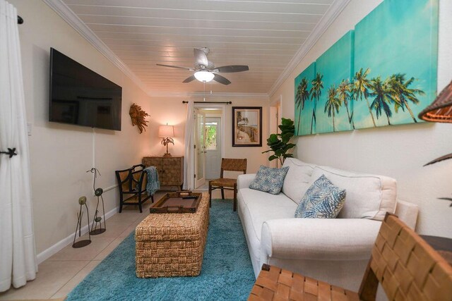 156 Marine Ave, Tavernier, FL 33070 - tiled living area with a ceiling fan, baseboards, and ornamental molding