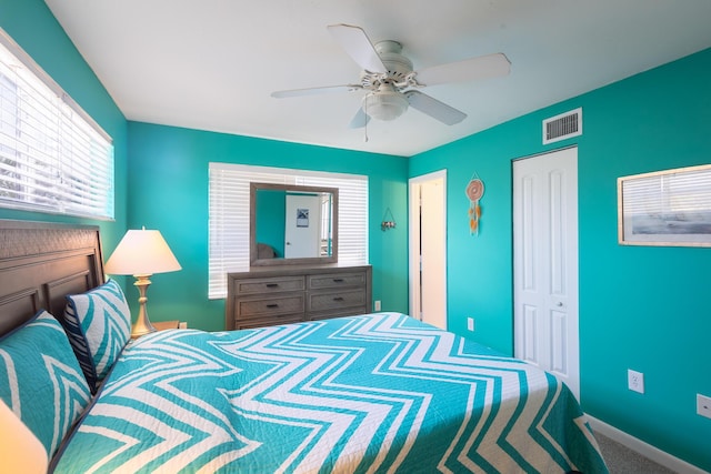 bedroom featuring baseboards, visible vents, a closet, and ceiling fan