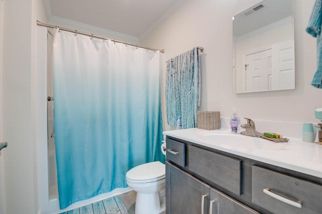 bathroom featuring crown molding, wood finished floors, toilet, and vanity