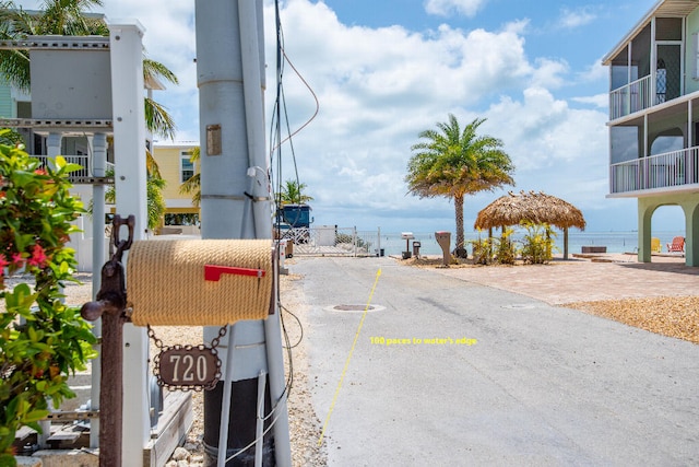 view of street with a water view