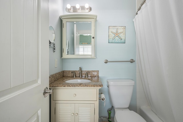 full bath featuring toilet, shower / bath combination with curtain, and vanity