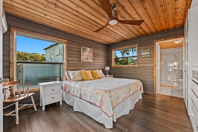 bedroom featuring dark wood-type flooring, wooden ceiling, and wood walls