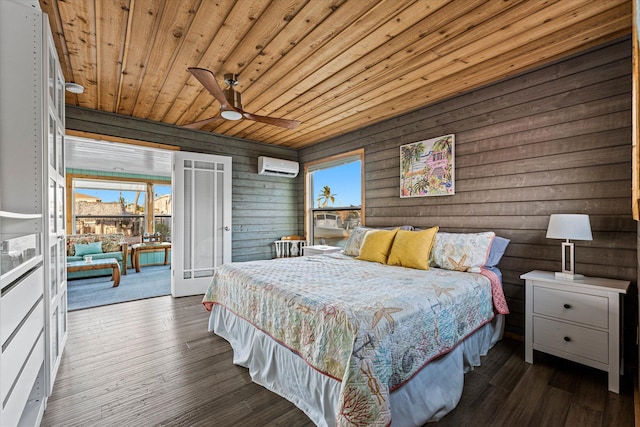 bedroom with a wall unit AC, dark hardwood / wood-style floors, wooden ceiling, and wood walls