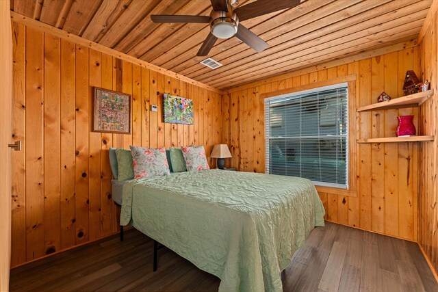 bedroom featuring wood ceiling, dark wood-type flooring, and wood walls