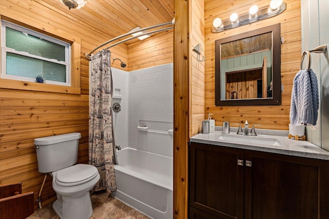 full bathroom featuring wood walls, vanity, wood ceiling, toilet, and shower / bath combo with shower curtain