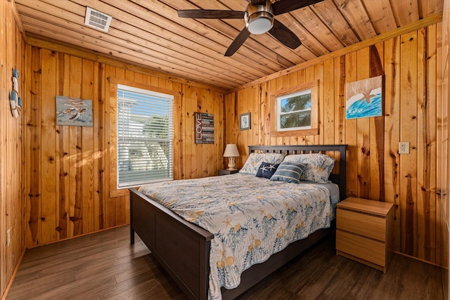 bedroom with wood ceiling, dark wood-type flooring, and wooden walls