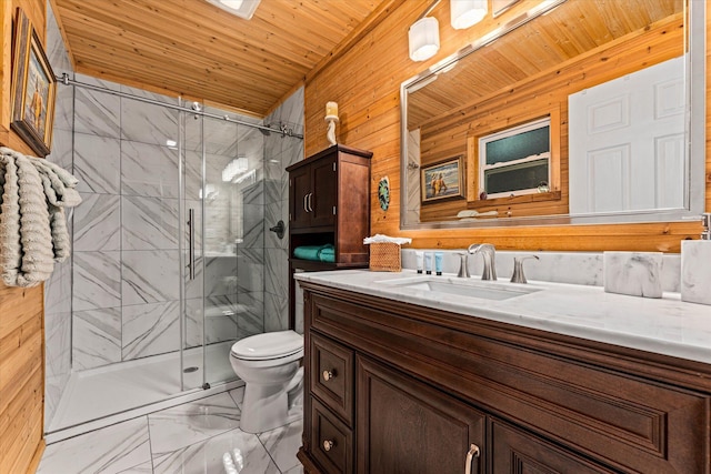 bathroom with walk in shower, wood ceiling, toilet, and vanity