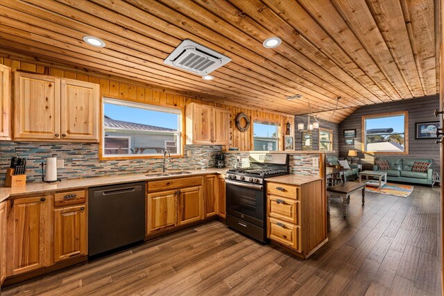 kitchen featuring pendant lighting, sink, wood ceiling, stainless steel appliances, and dark hardwood / wood-style floors