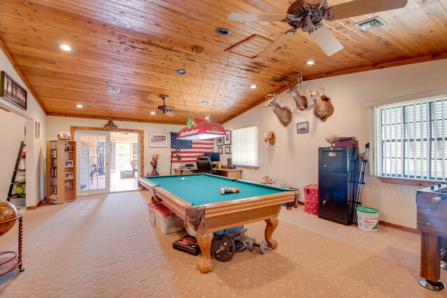 rec room with french doors, billiards, wood ceiling, and light carpet