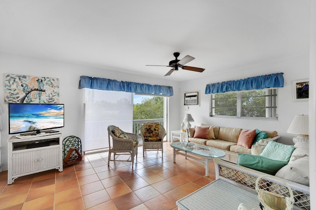 tiled living room featuring ceiling fan