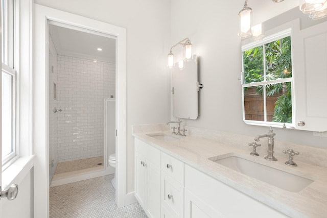 bathroom featuring a sink, a shower stall, toilet, and double vanity