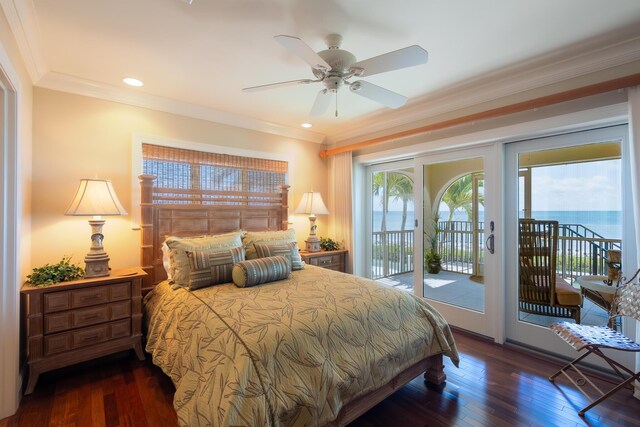 bedroom with recessed lighting, ornamental molding, access to outside, and wood-type flooring